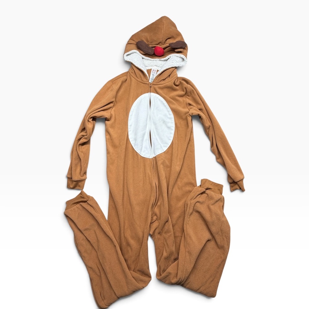 PJ Place Reindeer Fleece Hooded Union Suit Adult Small Brown Christmas Pajamas